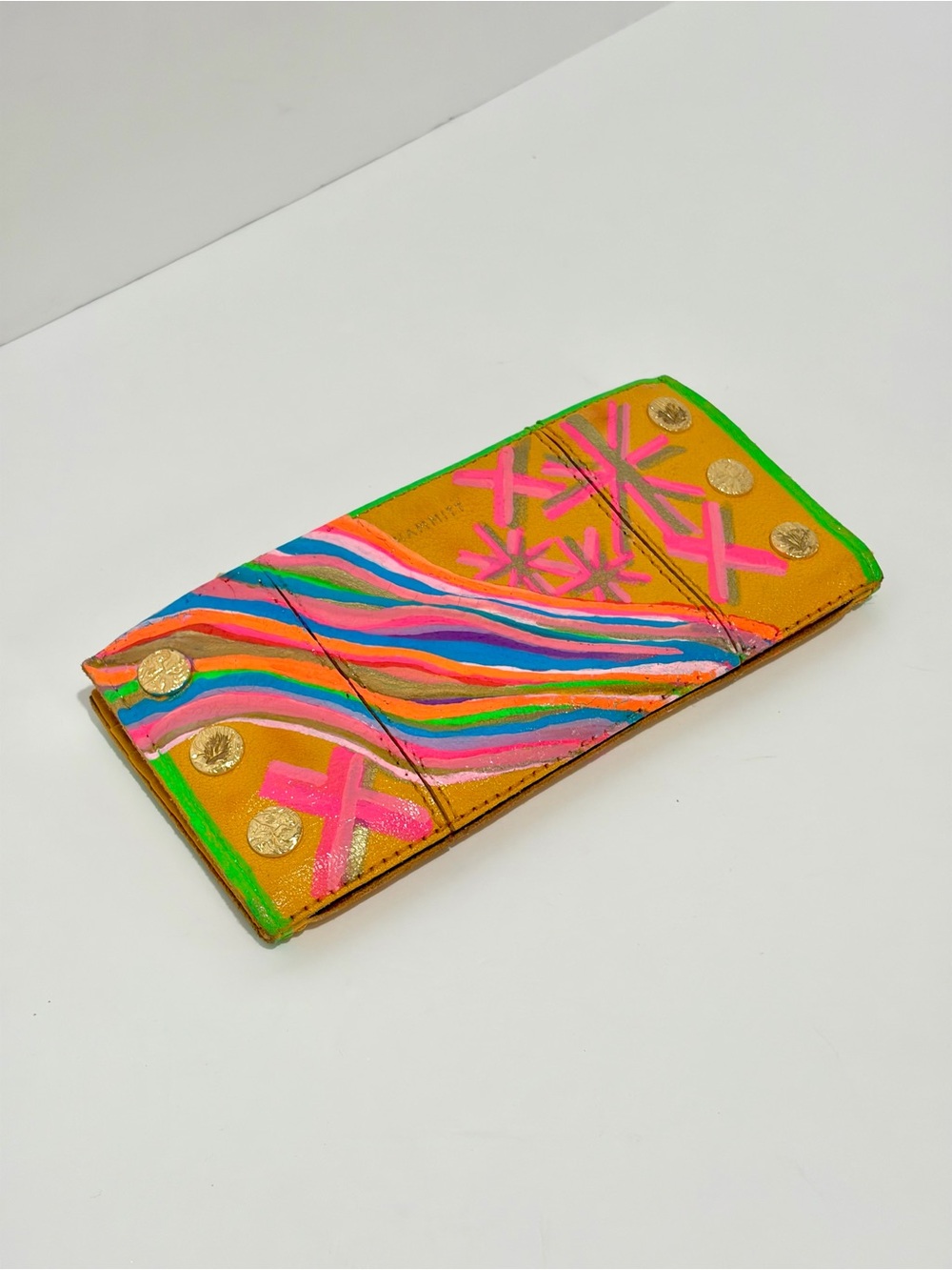 HAMMITT 110 North In Tangerine/Brushed Gold Hammered Rivets Hand Painted Wallet